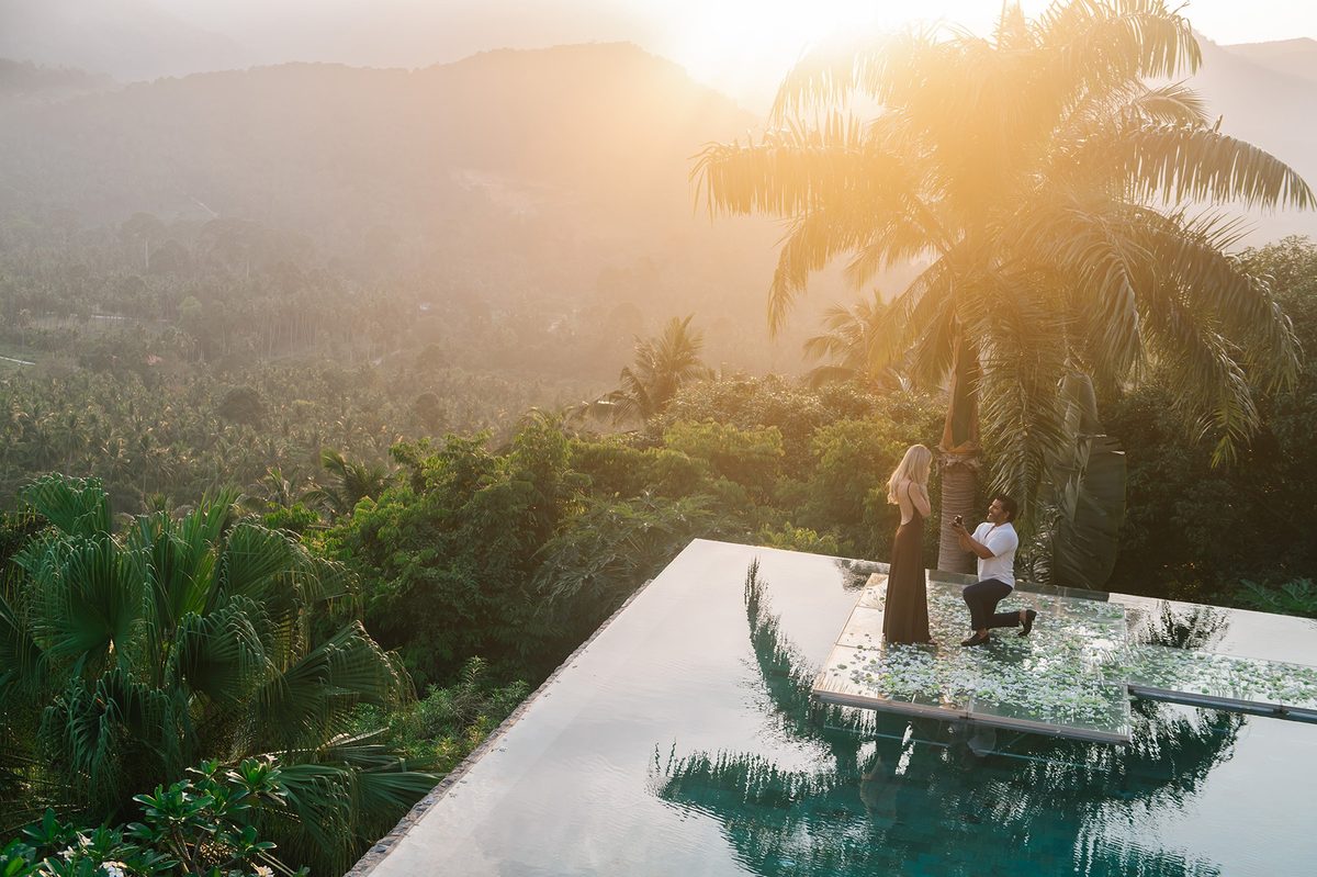 Marriage proposal at sunset on a private jungle villa in Koh Samui